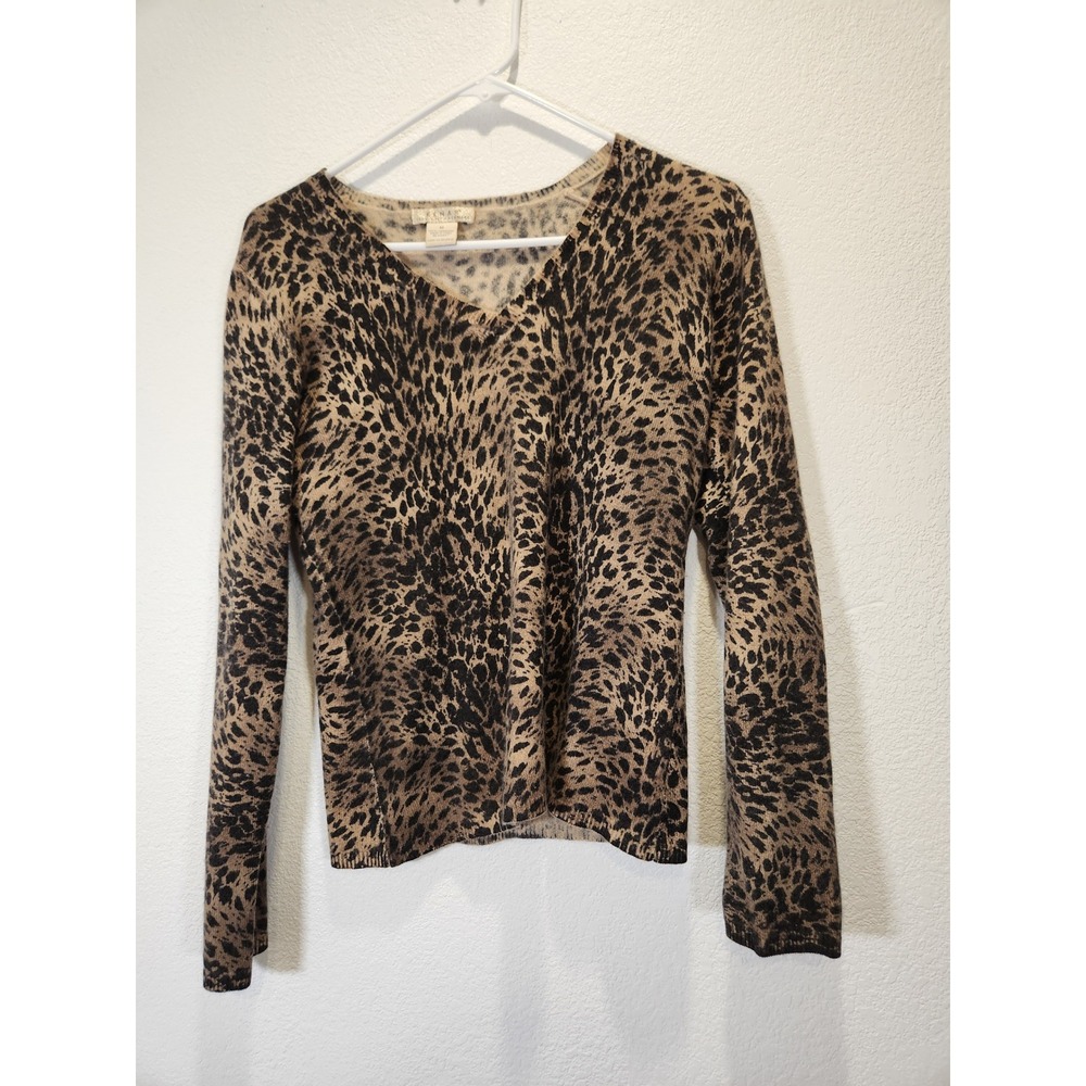 Kenar Womens 100% Cashmere Leopard Print V-Neck Sweater Tan Black Medium